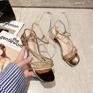 Fairy Shoes Gentle Mid-heel 2023 Summer Cyber Celebrity High Heels Stiletto Heel Bow Chanel Style Sandals with Strap