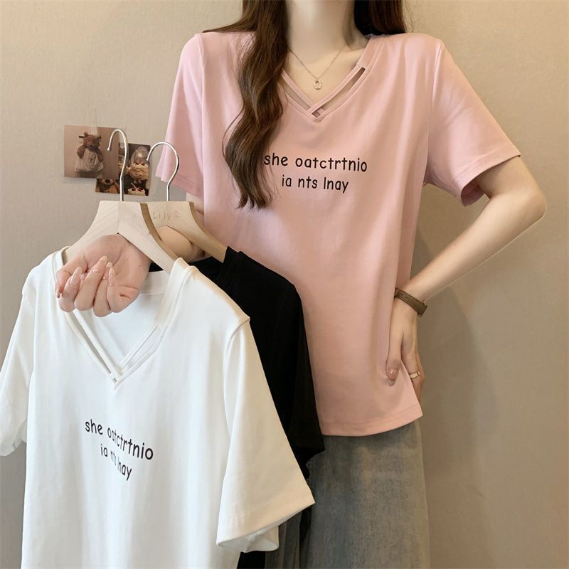 Plus-Size Women's V-Neck Short-Sleeve T-Shirt, Summer New Style, Loose Fit, Slimming, Stylish Top for Outerwear Plus-Size Women's V-Neck Short-Sleeve T-Shirt, Summer New Style, Loose Fit, Slimming, Stylish Top for Outerwear