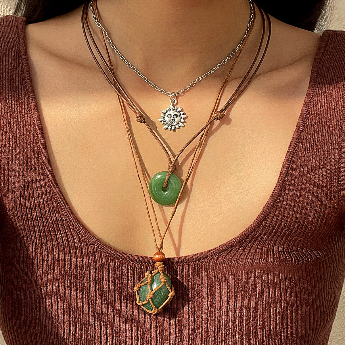 Retro Classic Style Geometric Alloy Glass Wax Line Cable Chain Cord String Layered Necklaces Wholesale display picture 3