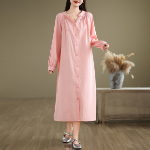 Real autumn new plus size women's single-breasted dress long shirt long sleeve skirt -4200kg