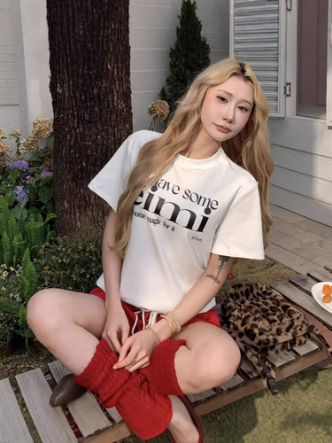 American Retro Round Neck Short Sleeve Women's Summer Letter Print Square Shoulder T-Shirt Casual Vintage Oversized Top