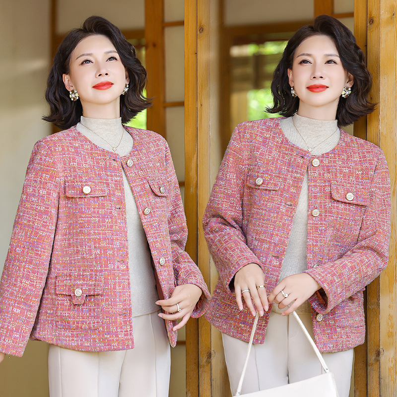 Elegant Short Blazer for Middle-Aged Moms, New Spring and Autumn Tweed Style, Fashionable Versatile Top for Socialites
