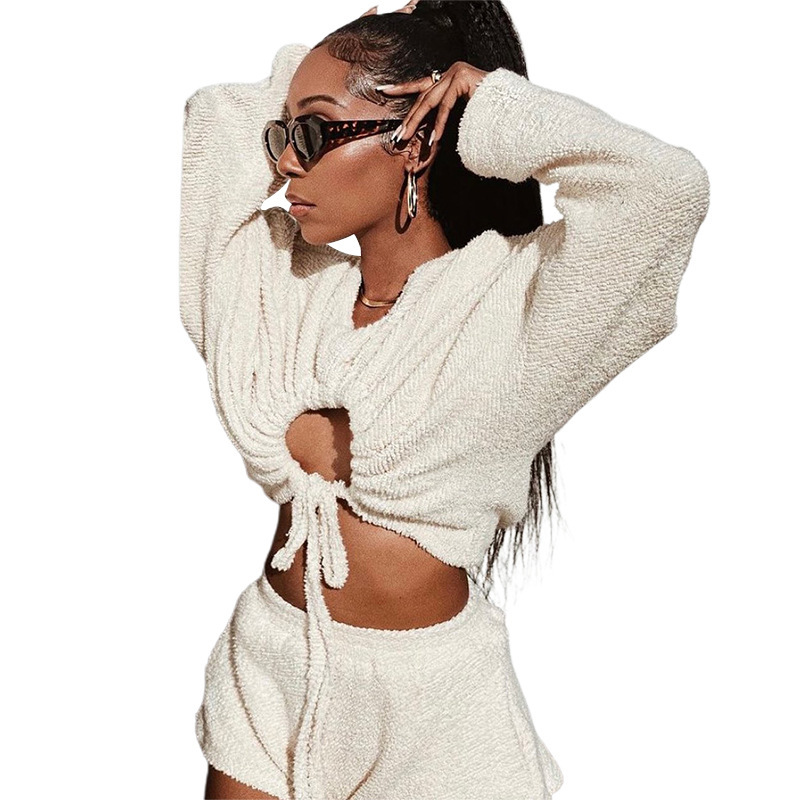 women's solid color long-sleeved drawstring shorts two-piece nihaostyles clothing wholesale NSXPF75932
