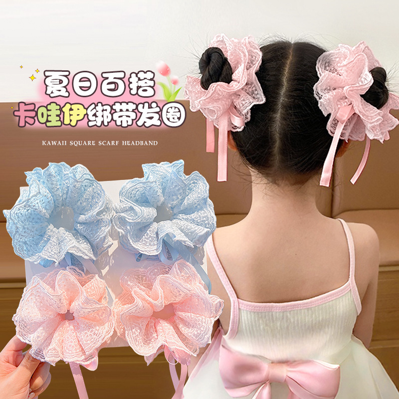 女の子用レース巾着ヘアゴム、蝶結び、ダブルボールヘッド、フラワーヘアロープ、ベビーポニーテールヘアロープ|undefined