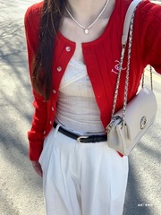 小个子红色短款麻花毛衣开衫女2025早秋季新款学院风针织外套上衣