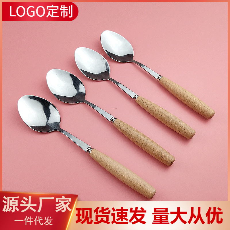 나무 손잡이 식기 너도밤 나무 손잡이 스테인레스 스틸 뾰족한 숟가락 차 숟가락 커피 믹싱 스푼 컵 스푼
