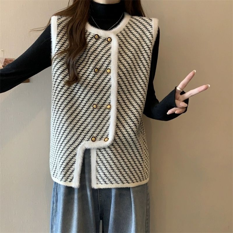 仿水貂绒小香风双排扣马甲外套女春秋季高级气质显瘦坎肩针织马甲