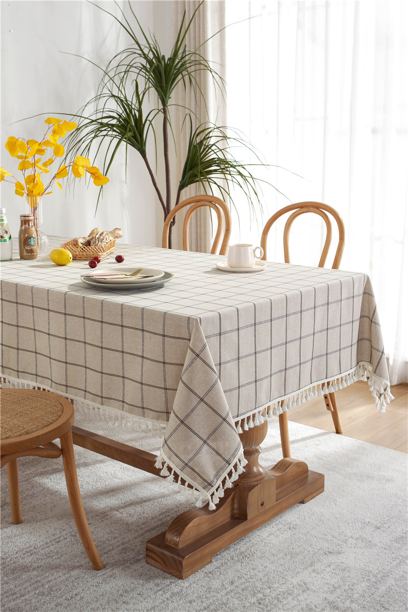 Cafe Double-line Plaid Cotton-polyester-linen Tassel Geometric Rectangular Dining And Coffee Table Tablecloth, Available_voghion.com