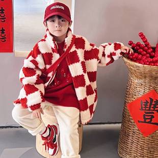 Children's New Year Red Particles Velvet Jacket Boy's Winter fleece-lined Warm Chessboard Plush Zipper Jacket Cardigan