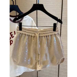 百搭休闲卡其色短裤女夏季小香风小个子高腰显瘦亮片阔腿裤设计感