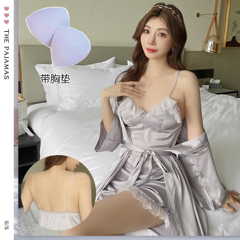 섹시한 가슴 패드 푸시 업 세트 멀티 컬러 옵션 슬링 반바지 레이스 아름다운 뒤로 슬링 외부 가운 잠옷 홈 옷