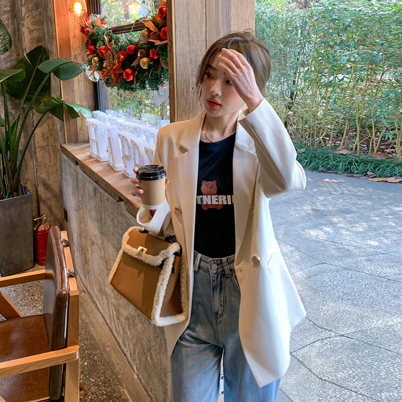 Real Shot Chic Double-breasted Casual Slim Look All-match Western Chic Petite Age-reducing Cream White Suit Jacket for Women