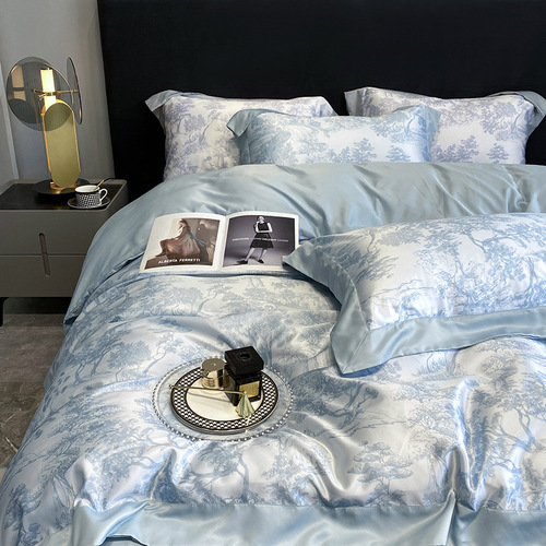 Washed silk four-piece set cool ice silk 60S Nordic style silky summer sleeping naked embroidered quilt cover bedding