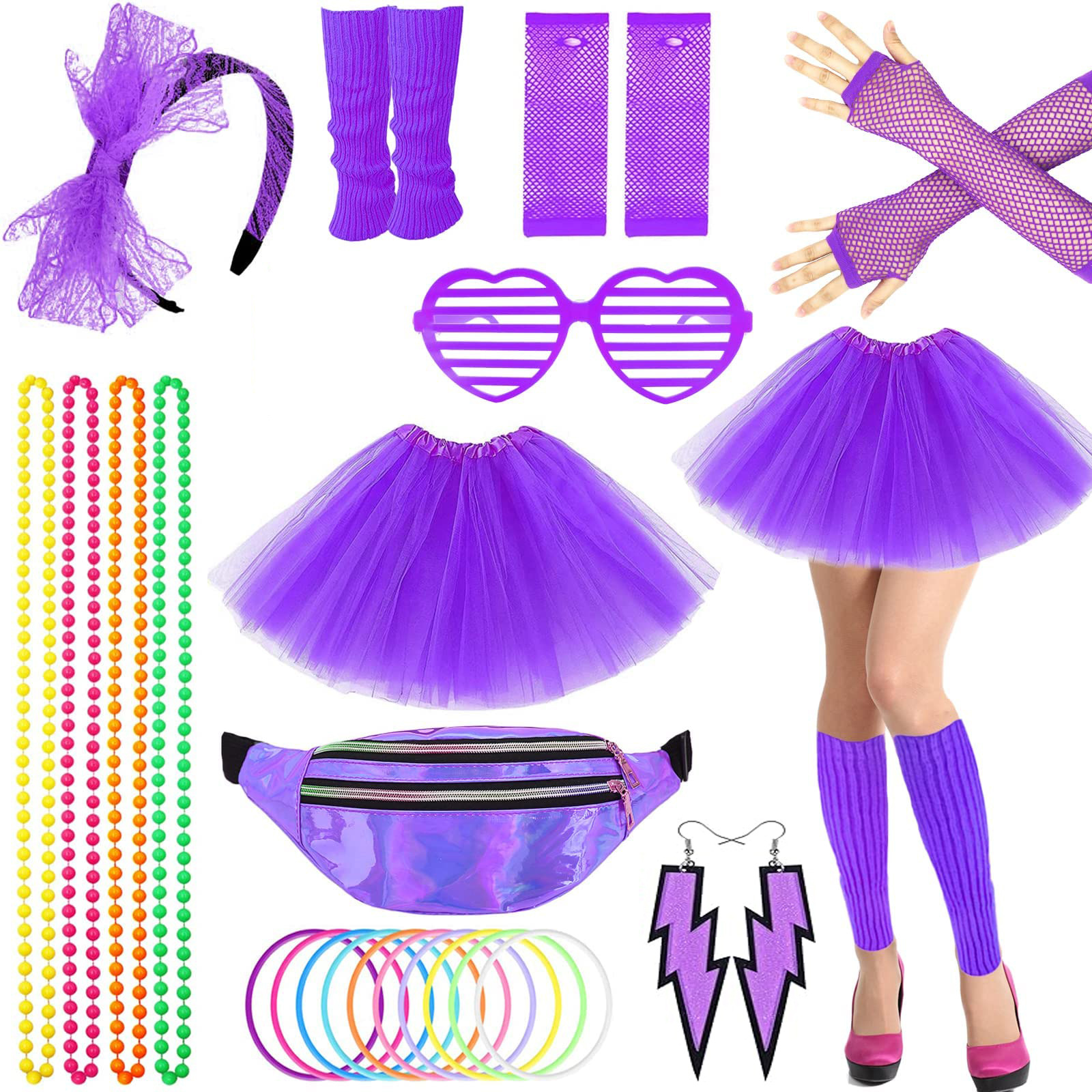 1980s fiesta de baile fiesta fiesta de color neón diadema diadema aretes red de pesca guantes piernas conjunto cálido conjunto de falda tutu
