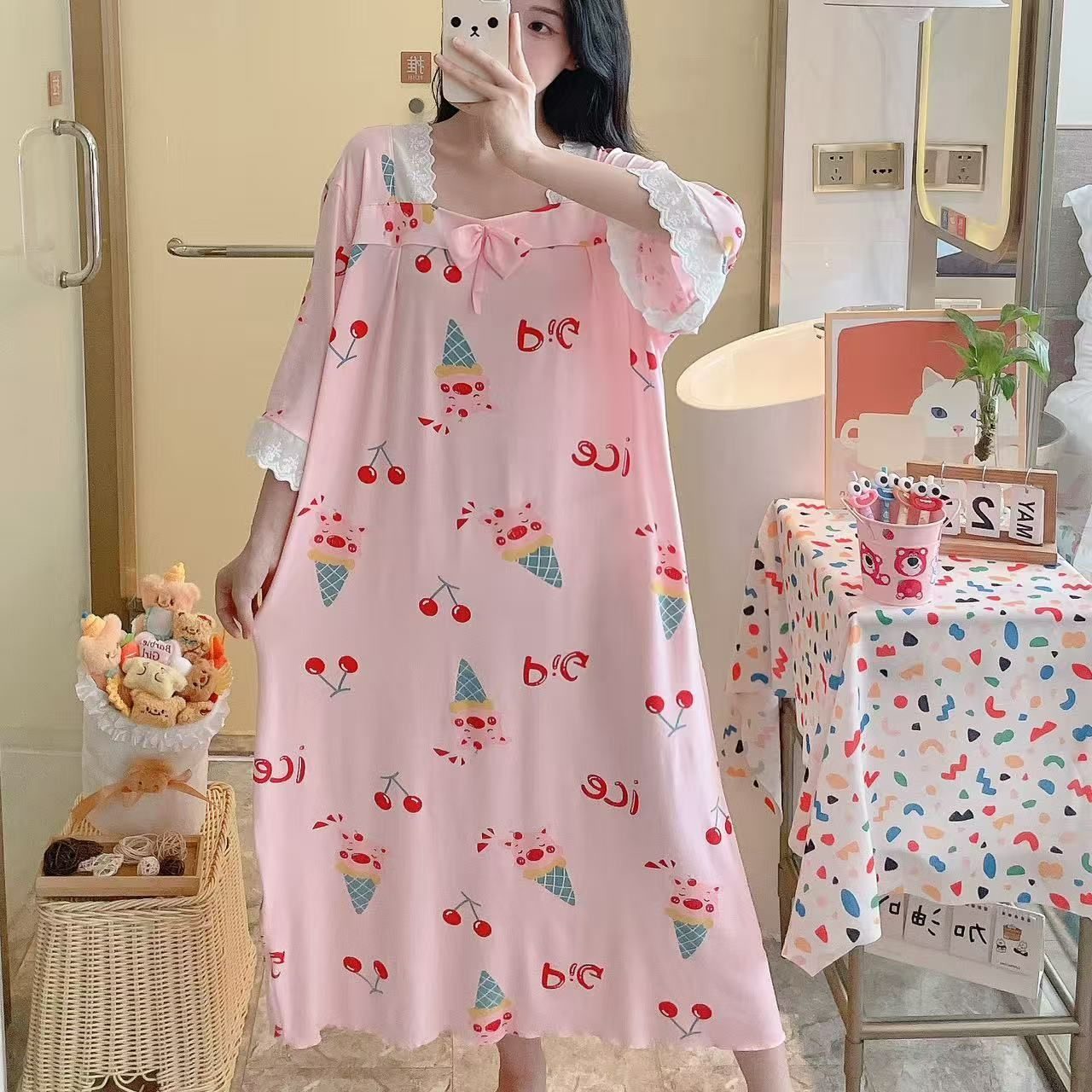 Transfronterizo al por mayor imitación de algodón dulce dibujos animados mangas cortas pijamas de primavera y otoño mujeres verano ropa larga y delgada suelta para el hogar