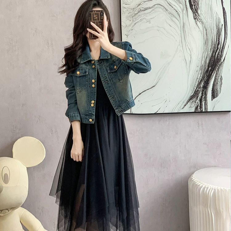 Ретро тонкий джинсовый короткий пиджак женский 2024 осень новый воротник POLO дикий длинный рукав короткий пиджак