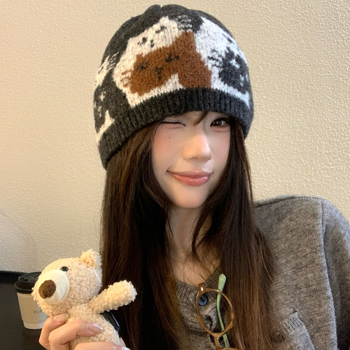 Cartoon Cat Embroidered Knitted Beanie for Girls - Autumn/Winter Fashion, Warm, Windproof, Ear Protection, Face-Smoothing Wool Hat