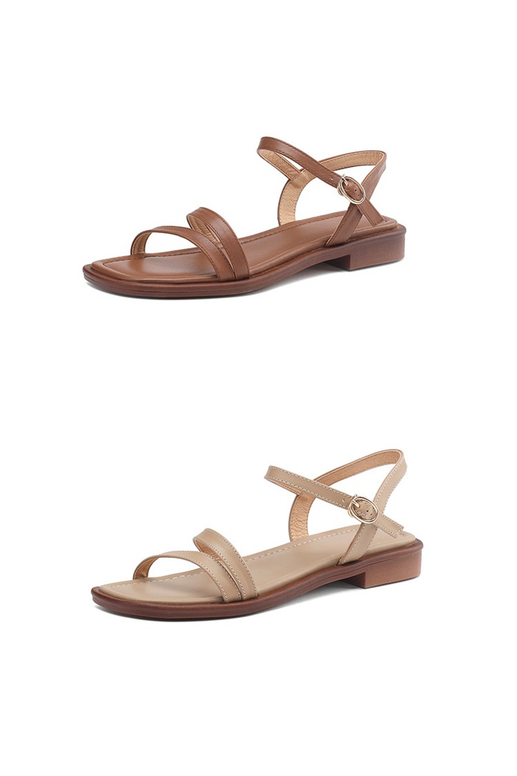 Sandal hở mũi quai ngang da bò gót thấp mũi vuông nữ kiểu mới — Màu nâu chi tiết 19