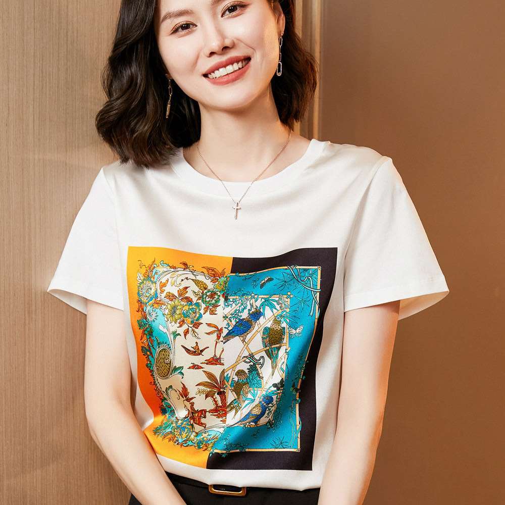 新款丝滑缎面冰凉感百搭时尚休闲女T恤AB拼接短袖修身显瘦