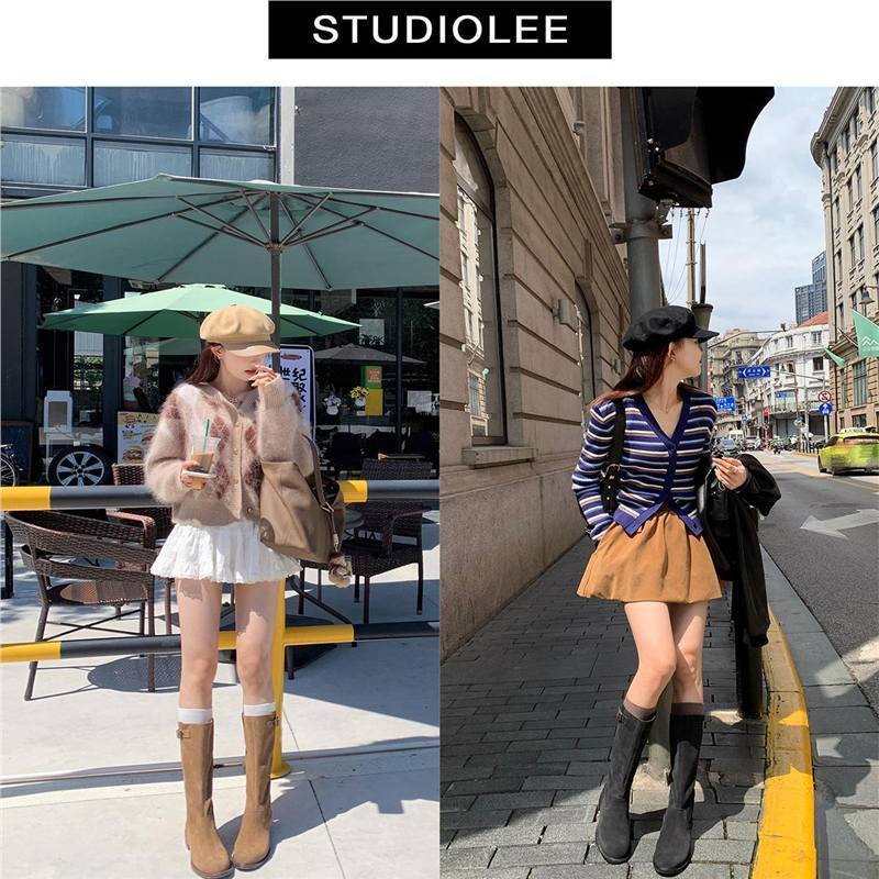 葡萄妈studiolee 新款美拉德尖圆头真皮长靴扣带粗跟中高筒靴女秋|undefined