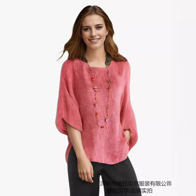 VeraBell リアルショット 2025eaby Amazon 新しい対外貿易婦人服七分袖ラウンドネックコットンとリネントップ|undefined