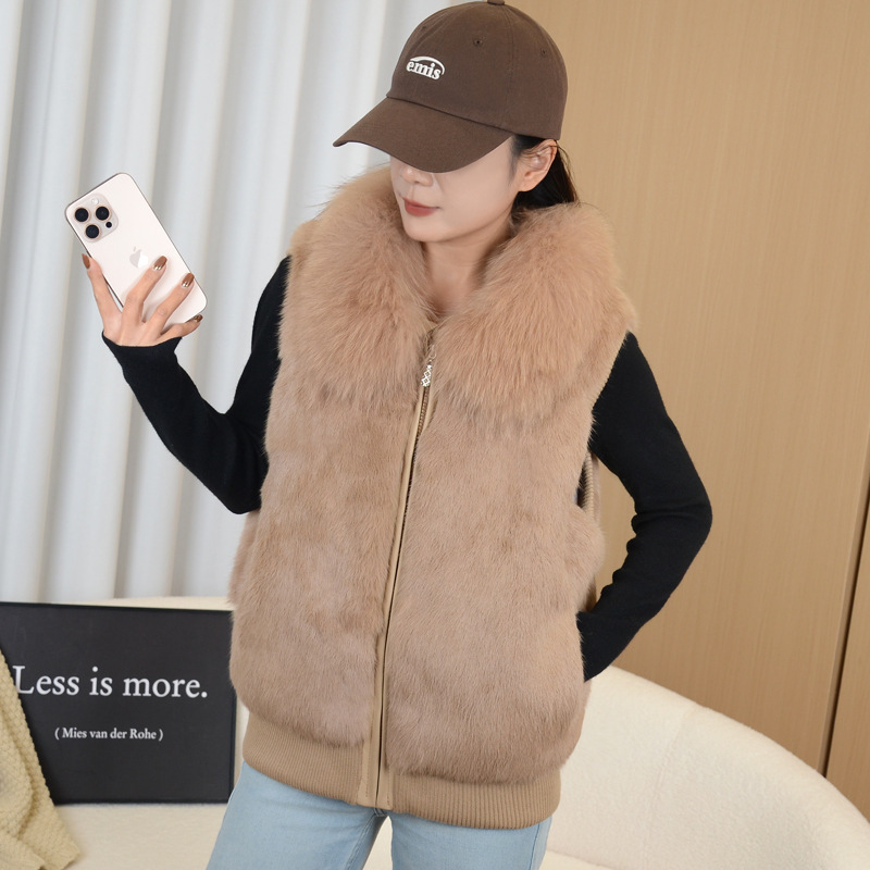 Real Rabbit Fur Vest for Women, Autumn and Winter, Youthful Style, Slimming, Whole Leather with Fox Fur Collar, Fur Integrated Leather Vest for Girls