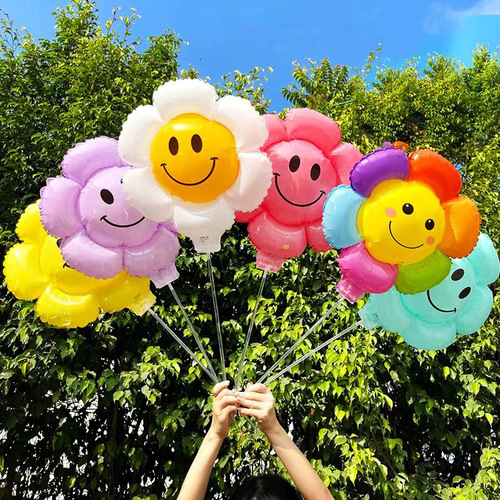 Flower smiley face balloon daisy sun flower floor push stall handheld balloon birthday decoration photo props wholesale