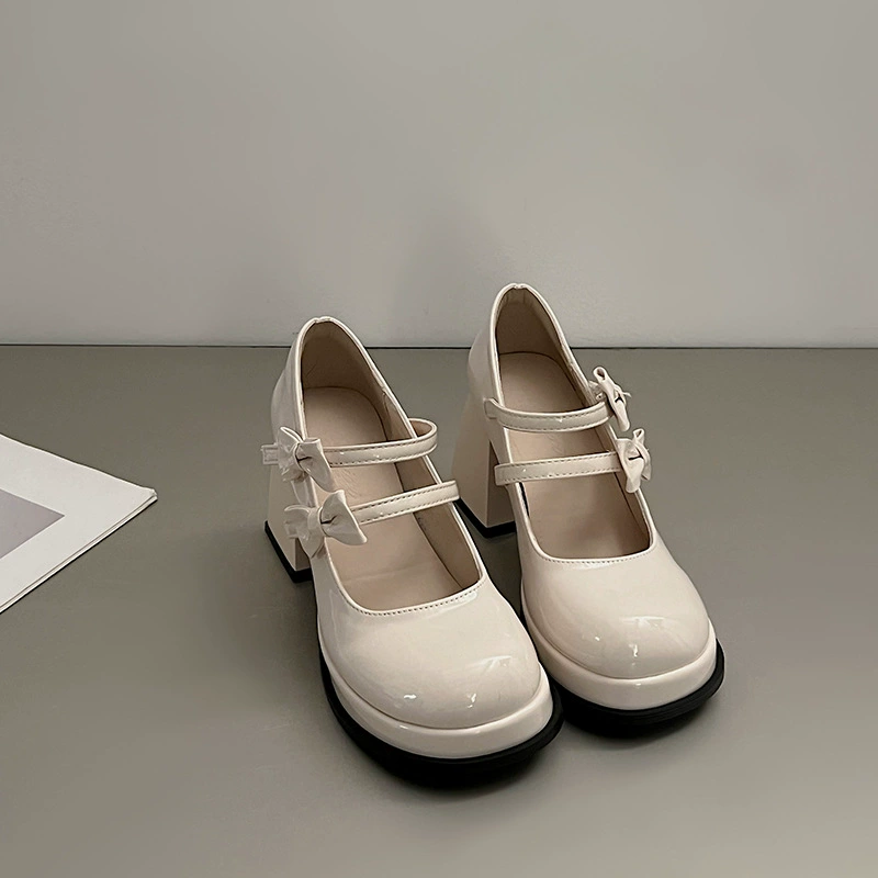 Белые французские дикие туфли на толстом каблуке маленькие кожаные туфли женские 2025 новые летние ретро банты на высоких каблуках Мэри Джейн
