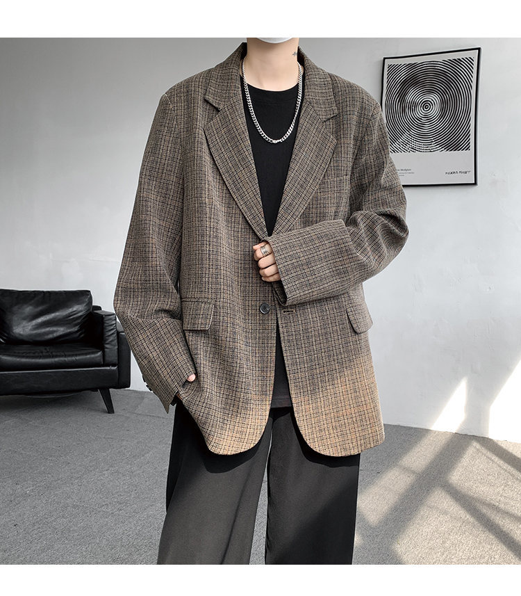 American Retro Houndstooth Blazer For Men Oversized Plaid Jacket_voghion.com