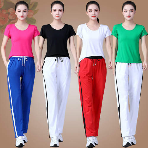 广场舞服装新款夏季短袖鬼步舞运动服束口长裤中老年演出服装