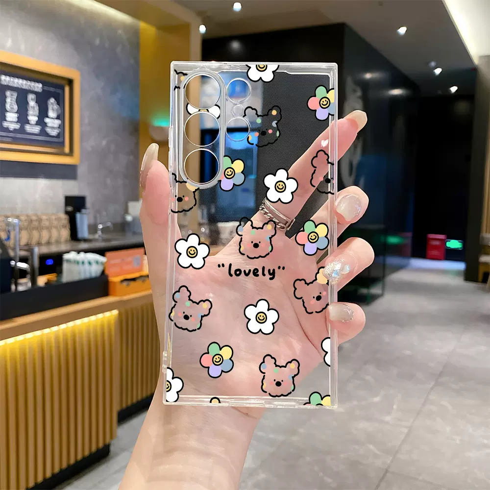 博主推荐简笔画可爱小熊适用Galaxy三星S24/S25+透明精孔手机壳