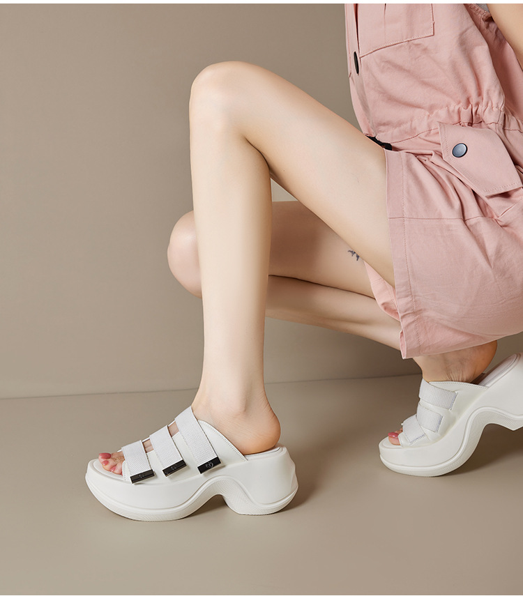 Dép sandal hở mũi nữ đế bệt 7cm tăng chiều cao quai ngang Velcro — đen, Màu trắng sữa chi tiết 14