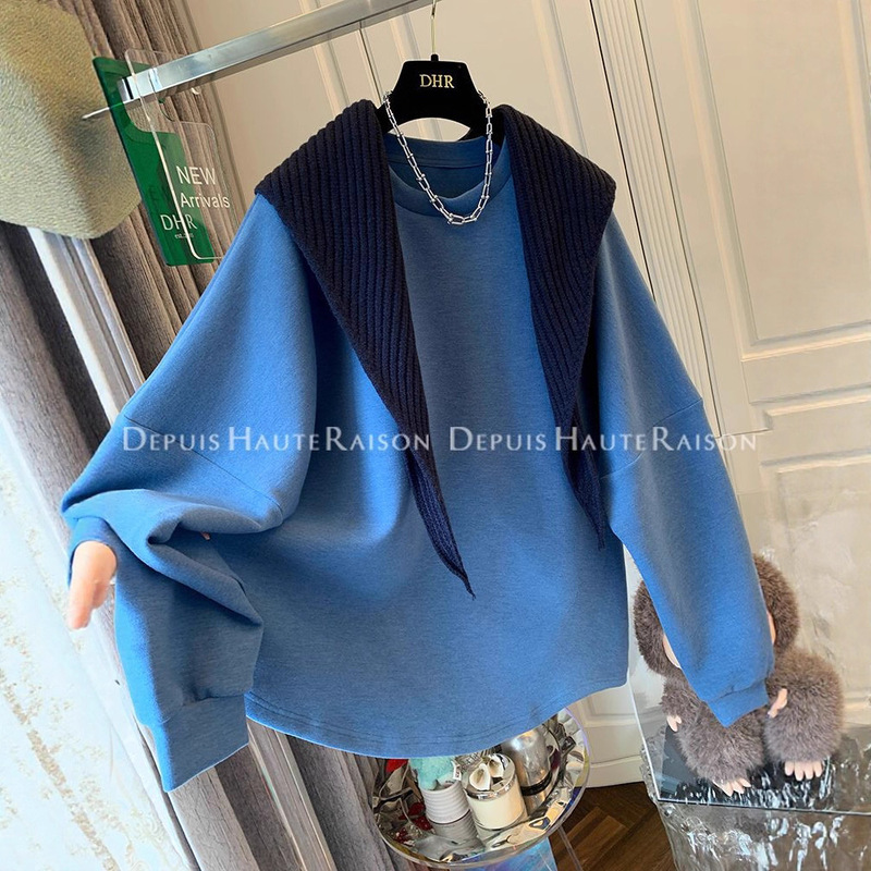 Threaded Velvet 280g Large Size 150kg Knitted Shawl Round Neck Fleece-Lined Sweatshirt Two-Piece Loose Top Winter Threaded Velvet 280g Large Size 150kg Knitted Shawl Round Neck Fleece-Lined Sweatshirt Two-Piece Loose Top Winter