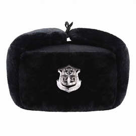 保安棉帽加厚保安抗寒雷锋帽执勤黑色棉帽冬季绒帽帽徽男苏联保暖