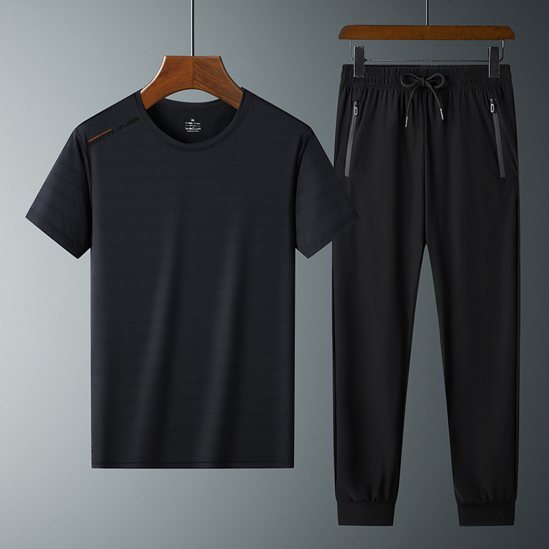 Moda pantalones de seda de hielo cuello redondo Camiseta de dos piezas para hombres talla grande suelta de secado rápido traje deportivo LOGO se puede formular