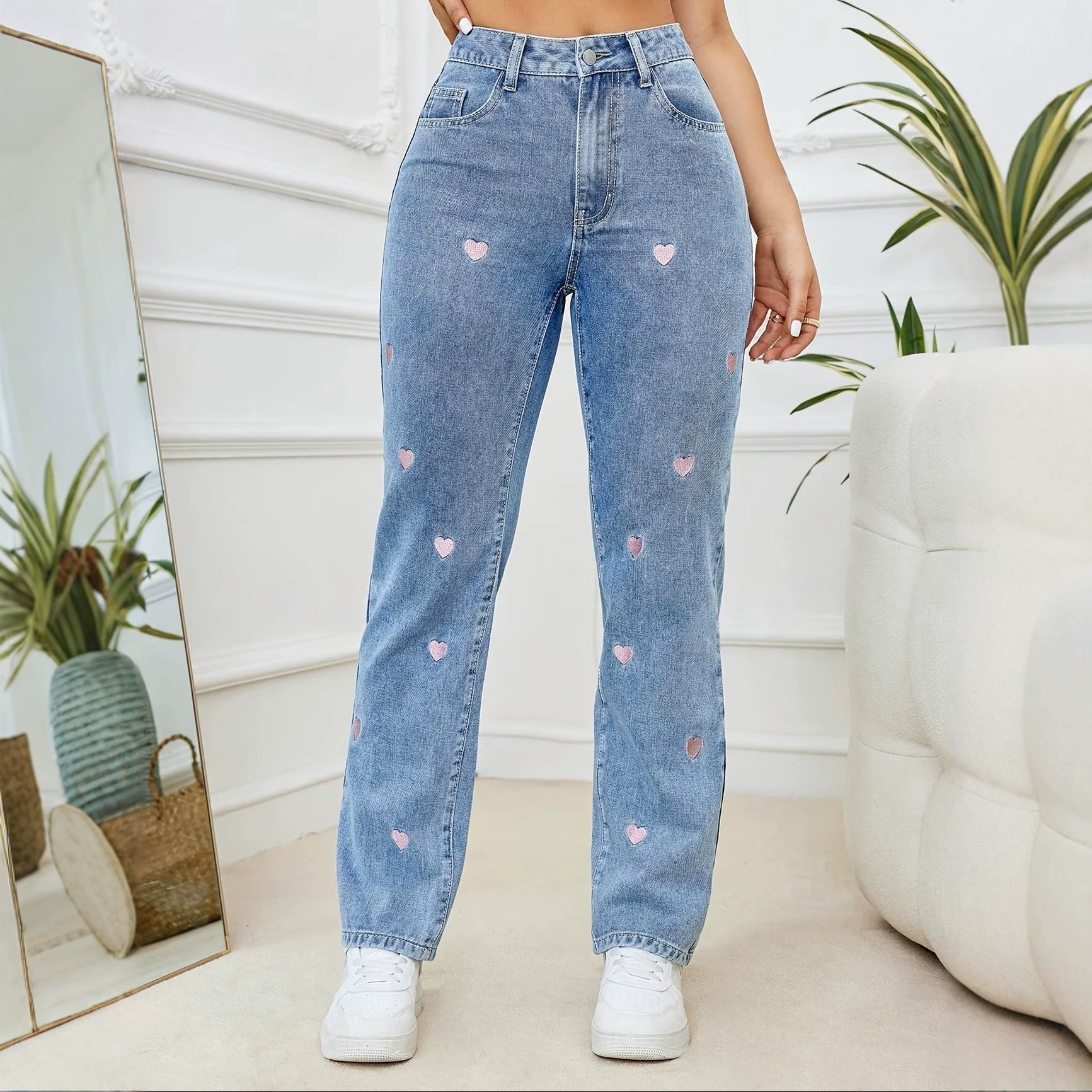 Jeans Rectos para Mujer en Mezclilla de Algodón, Elástico, Cintura Alta, Bordado, para Uso Casual
