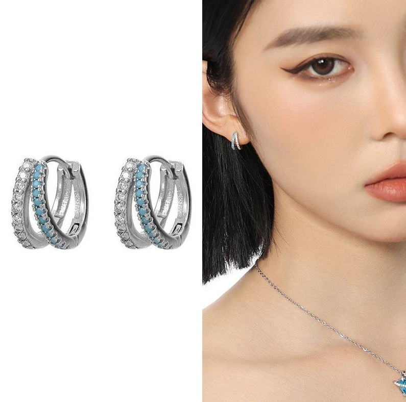 Double-layer blue zircon earrings for men, trendy and versatile, with a high-end feel, ear cuffs, light luxury, fashionable earrings, stylish accessories