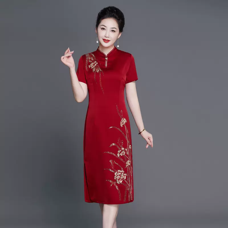 醋酸喜婆婆婚宴装新款高贵年轻喜妈妈婚礼旗袍气质时尚敬酒礼服