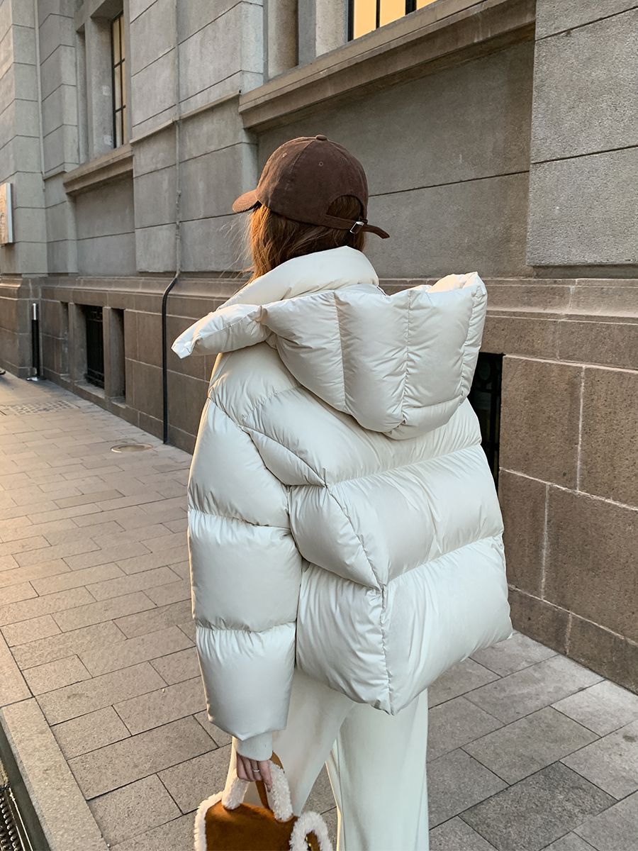 2025冬季新款连帽羽绒服女韩版加厚宽松气质面包服白鸭绒外套简约