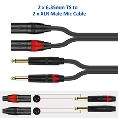 6.35-to-XLR male audio cable: Dual XLR male to dual 6.5mm TRS (large two-conductor) for mixer, amplifier, and speaker connections