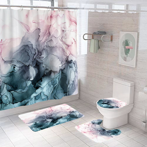 Cross-border e-commerce digital printing marble pattern waterproof and mildew-proof bathroom shower curtain three-piece set four-piece wholesale