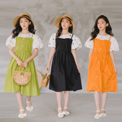 女童連衣裙夏2023新款刺繡拼接假兩件連衣裙韓版女孩學生公主裙