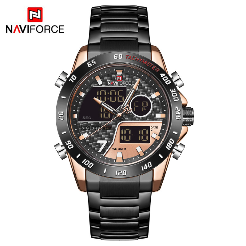 Naviforce lingxiang 9171 nueva pantalla doble movimiento reloj de los hombres calendario semanal tiempo luminoso multifuncional