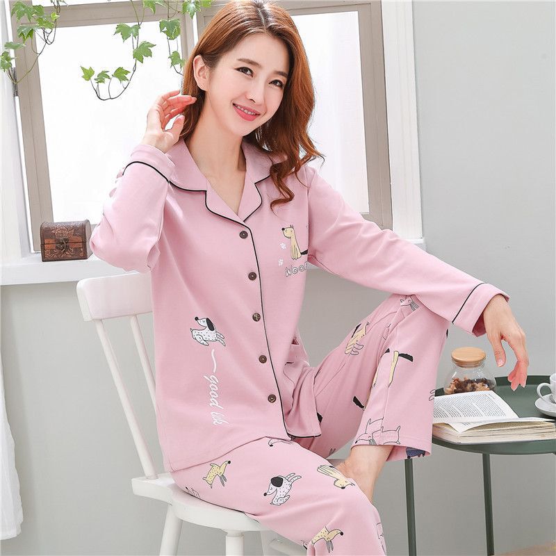 Spring and Autumn Pajamas Women's 100 Cotton Long-sleeved Women's Thin Cardigan Large Size Women's Monthly Clothes Home Clothes Suit Winter