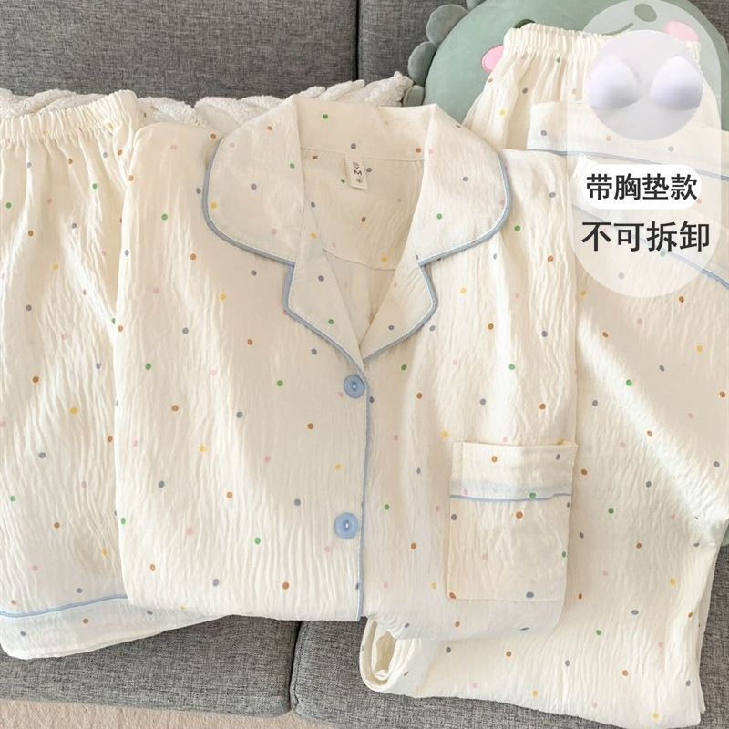 星月彩点带胸垫睡衣女款夏季云朵棉纱短袖长裤休闲家居服三件套装|undefined