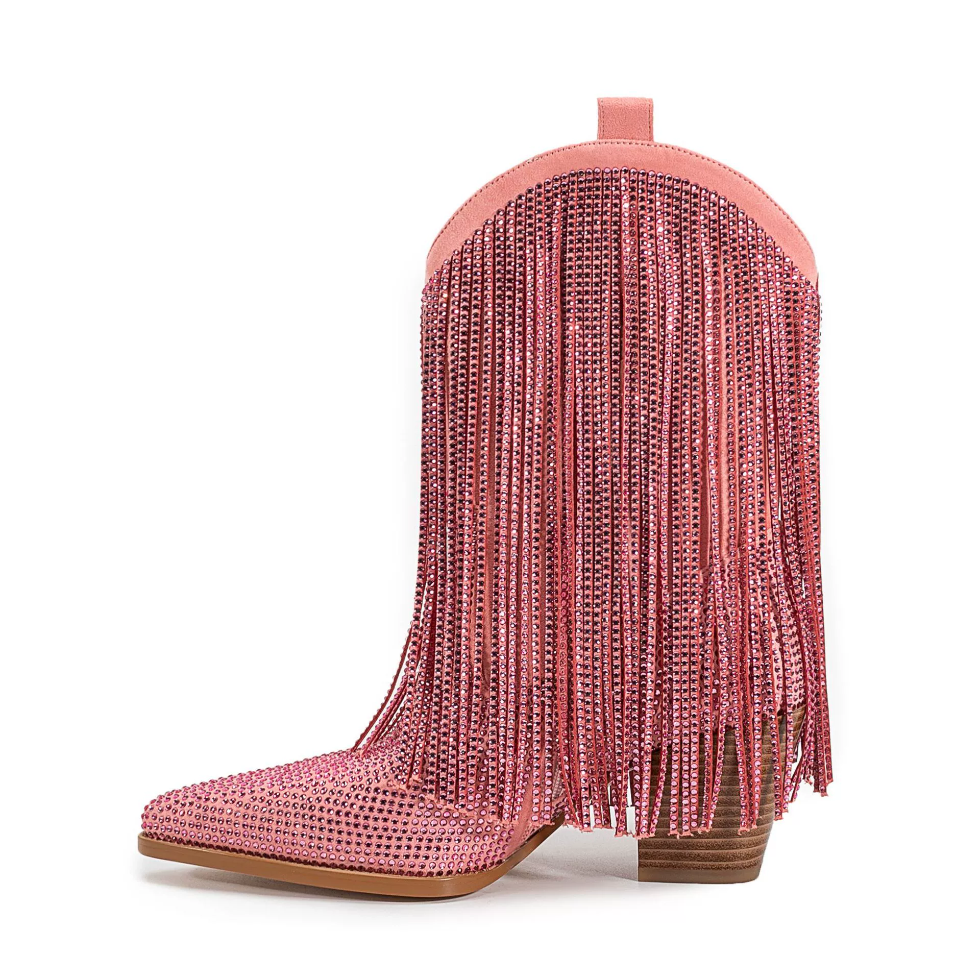 Новые ботильоны Amazon для внешней торговли, с заострённым носком, толстым каблуком, высоким каблуком, кисточками, стразами, модные, для подиума, больших размеров, короткие.