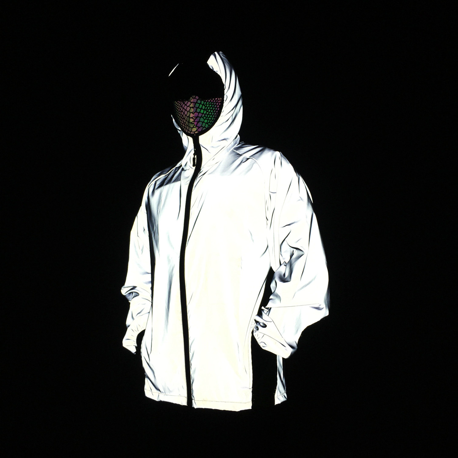 Abbigliamento da uomo, giacca riflettente colorata, sport all'aria aperta, con giunture in rete, giacca con cappuccio traspirante_voghion.com