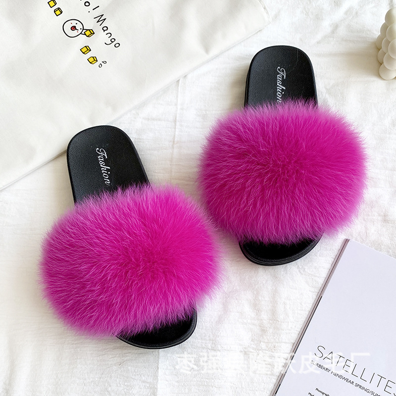 Amazon transfronterizo zapatillas de pelo de zorro real zapatillas de pelo de fondo plano zapatillas de pelo de mujer zapatillas de pelo de verano nuevas exportaciones