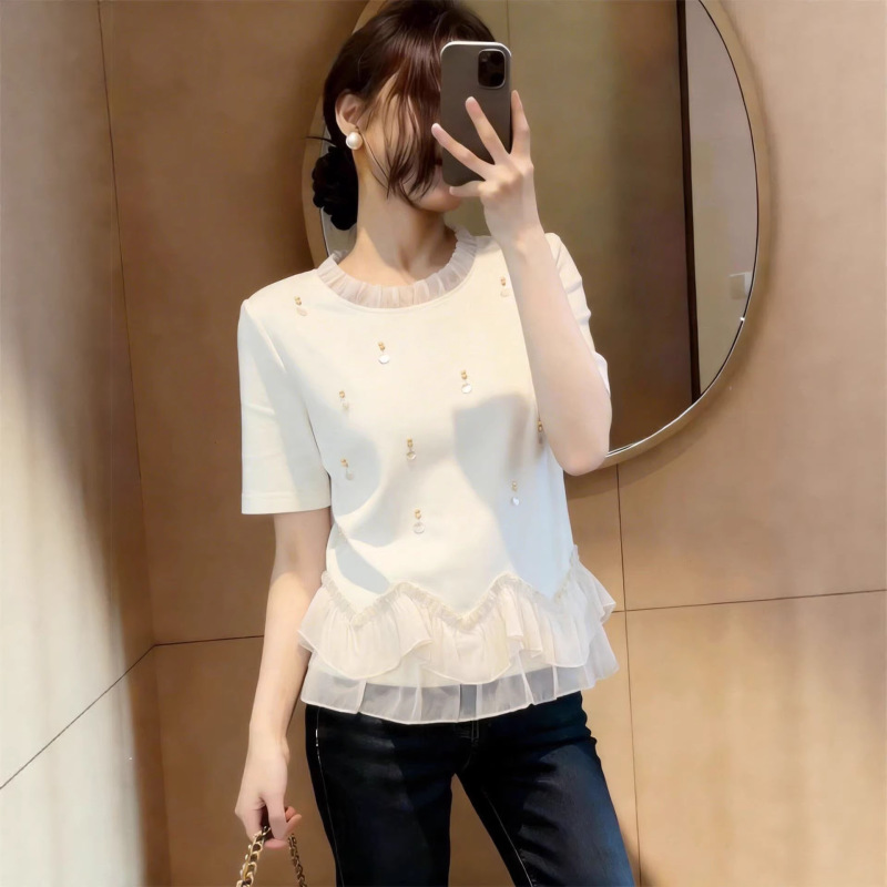 White Mesh Splicing Round Neck Sequin Design Blouse Summer New Plus Size Short-Sleeve T-Shirt for Women A11324
