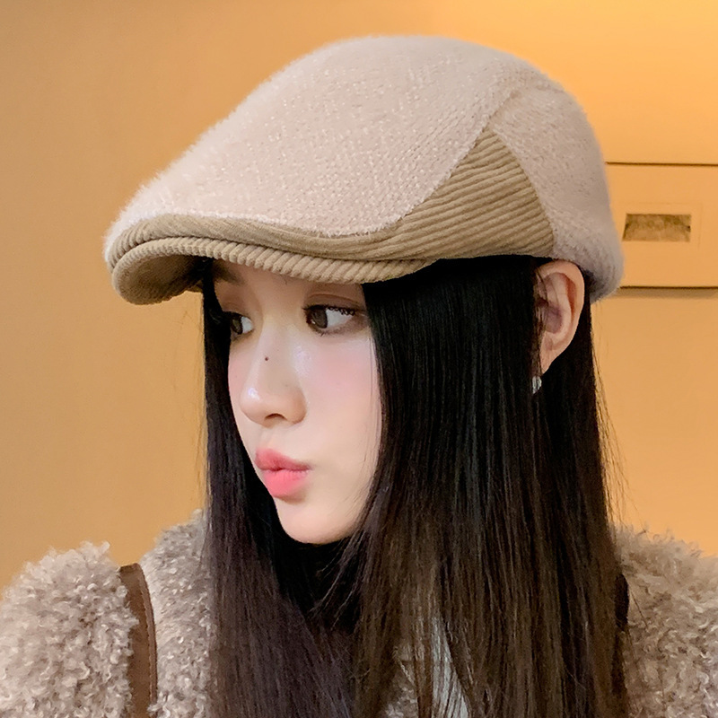 韩版文艺青年画家帽秋冬女士英伦风前进帽复古拼接加厚保暖鸭舌帽|undefined